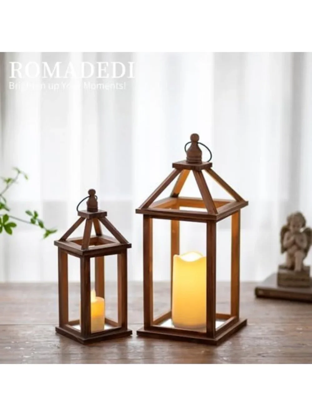 Rustic Wood Candle Lanterns Set of 2 - Decorative Brown Home Decor Accent